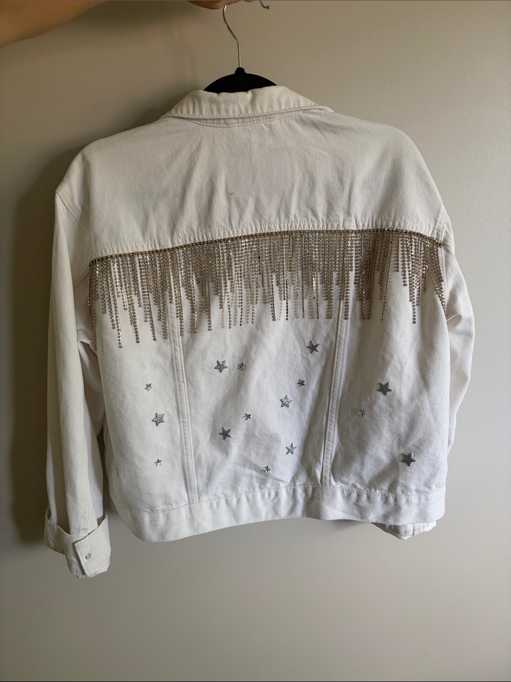 H&M White Jean Jacket with Silver Fringe & Star Accents (Bridal | Bachelorette)